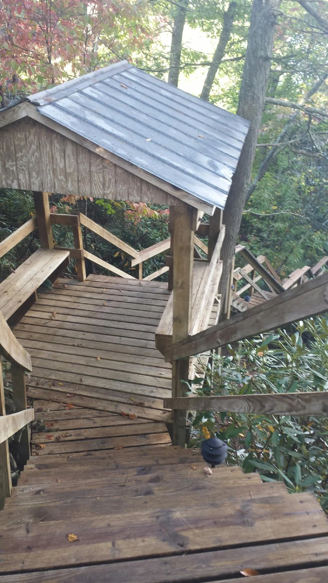 Metal roofed shelter over wooden steps on a wooded walkway — Skylight Repair & Installation work by our crew in Marlow